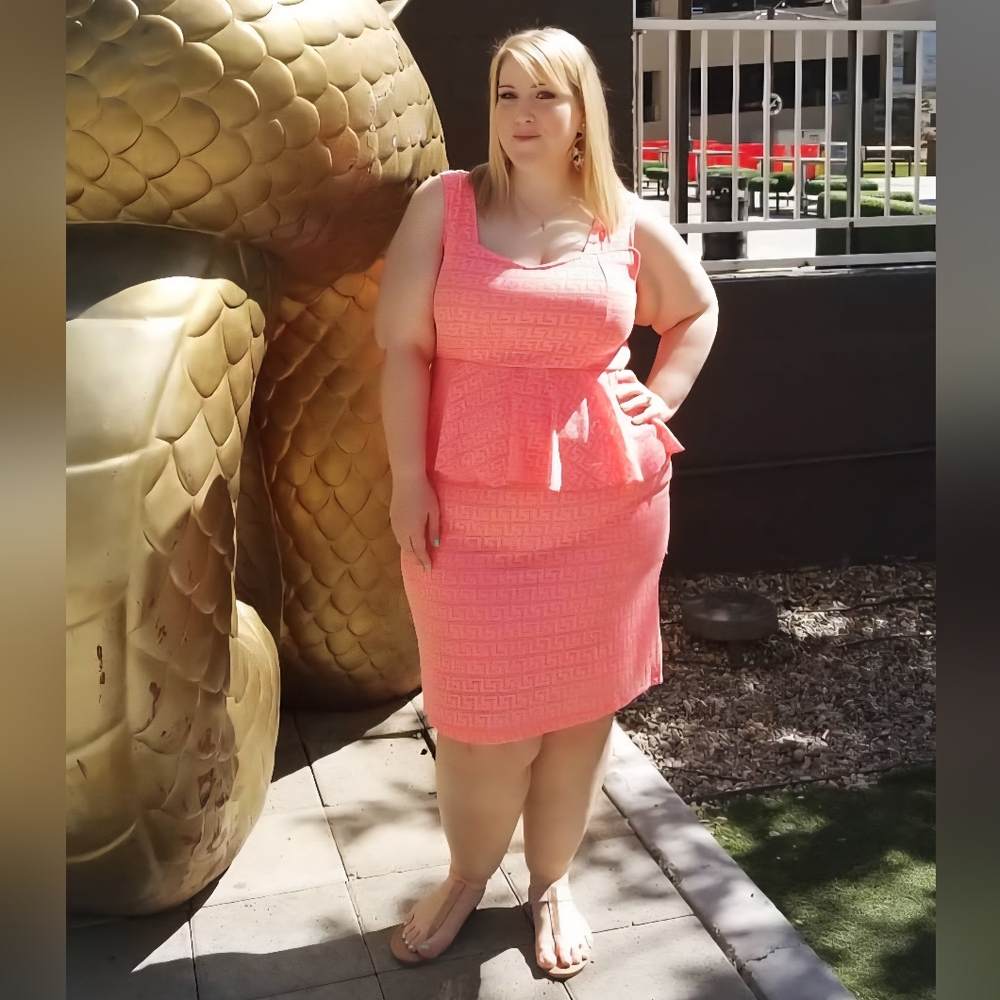 Orange Coral Peplum Dress, Plus Size 2X